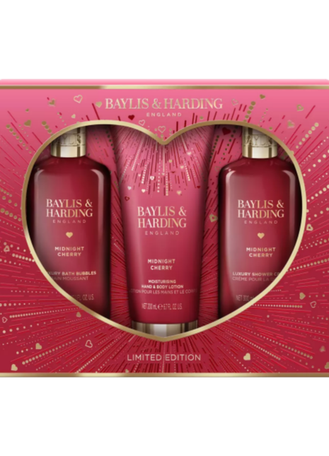 Baylis & Harding Midnight Cherry Collection Limited Edition- Bath Bubble, Lotion and Shower crème Set- Open Heart