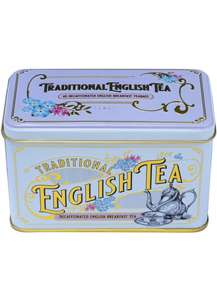 New English Teas- Vintage Victorian Decaffeinated English Breakfast Classic Tea Tin Powder Blue 80g