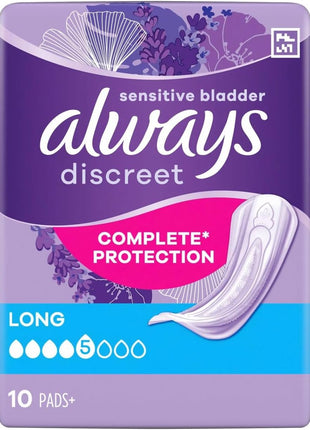 Always Discreet Long incontinence pads, four packs of 10 count each (40 pads total)